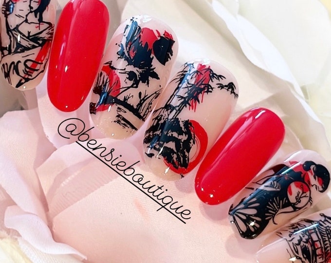 Femme | Handmade nails | Women and Japanese landscape inspired press on nails | Vintage Nails | Red, Black and Nude Nails | Lunar Nails
