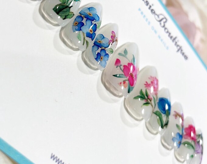 Milky White press on nails with oversized flowers | flower nails | cute spring nails | summer nails |  short and long press on nails