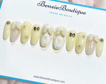 Sunny | Light Yellow Press on Nails | Dainty Bow Tie Nails | Pearl Flowers | extra short to 3XL press on nails Canada USA