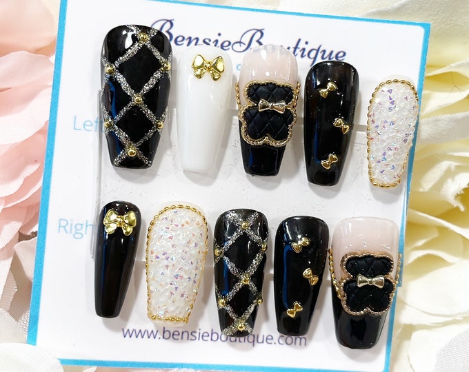 Black Tie | Black White and Gold Press on Nails | Teddy Bears Bling Nails | Pixie Crystals | Nail Art | 3D nails | press on nails