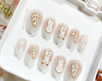 White Christmas Cookie Press on Nails |  Glitter Nails | Ombre Nails | Short Almond | Ready to Ship (RTS)