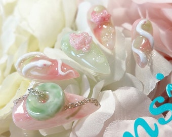 3D Lotus Flower Press On Nails: Pink, Green, and White Snake