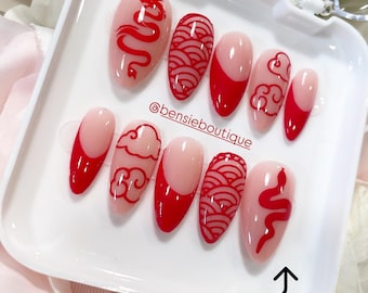 Rising Sun | Handmade Nails | Red Dragon | French Tip Nails | Anime Clouds | Asian nails | Red and Jelly Nails | extra short to 3XL nails