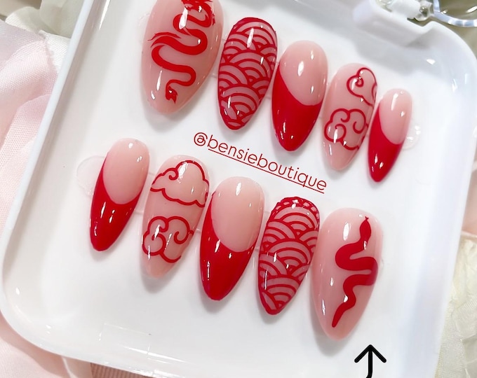 Rising Sun | Handmade Nails | Red Dragon | French Tip Nails | Anime Clouds | Asian nails | Red and Jelly Nails | extra short to 3XL nails