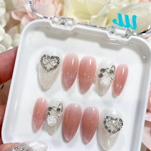 Pink Luxe | Handmade Cat Eye French + Accent Bling White Glitter Nails | Bright nails | Cute nails | Dainty Nails | 3D nails