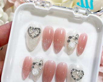 Pink Luxe | Handmade Cat Eye French + Accent Bling White Glitter Nails | Bright nails | Cute nails | Dainty Nails | 3D nails