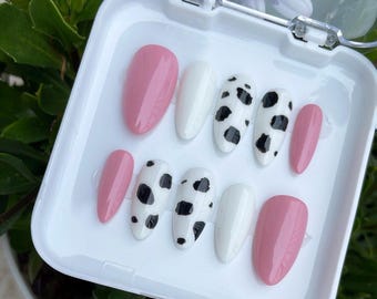 Moo Muse | Hand made Pink and Cow Print Press on Nails | Pink Nails | Basic Nails | Simple Nails | White Nails | Country Nails | Rodeo