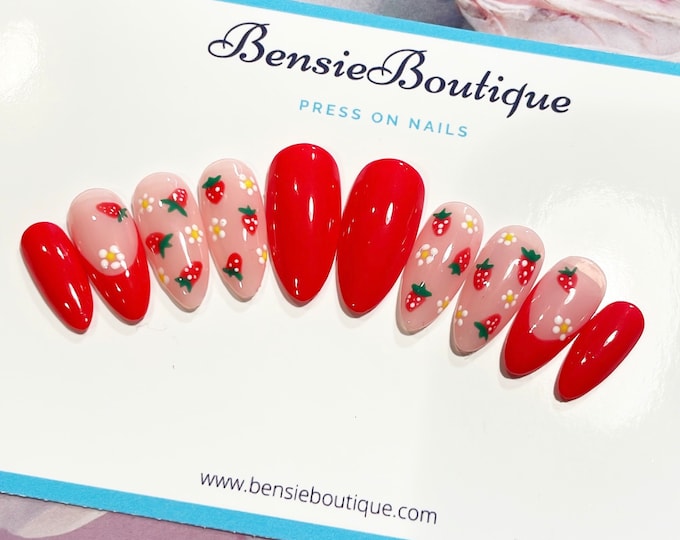 Strawberries and Red French Tip press on nails | Fruit Nails | flowers | cute spring nails | summer nails |  short and long press on nails