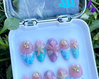 Seychelles | Handmade Pastel 3D Shell and Flower Press on Nails | Summer Nails | Mermaid Nails | Starfish Nails | Customizable base colour