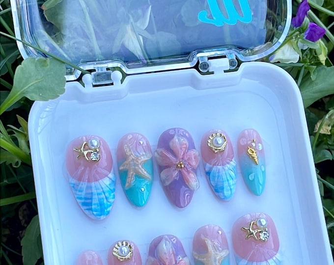 Seychelles | Handmade Pastel 3D Shell and Flower Press on Nails | Summer Nails | Mermaid Nails | Starfish Nails | Customizable base colour