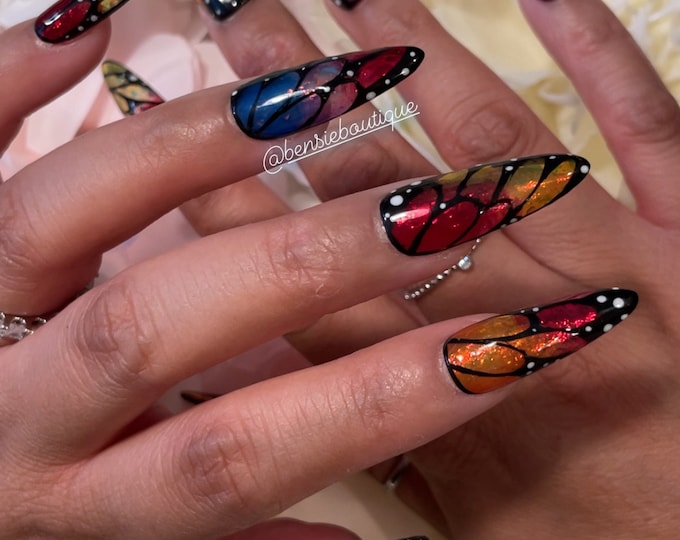 Hand painted Irridescent Jelly Butterfly Wing Press on Nails | Sparkly Nails | Jelly Nails | Jelly Ombre | Glitter Flakes | press on nails