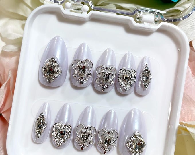 Bejewelled Press on Nails | Lavender and White Chrome| 3D Nail Jewelry | Ready to Ship (RTS) | Almond - Medium | Size Medium