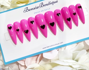 Pink Press On Nails: Black Heart Accent, Stiletto or Coffin Shape