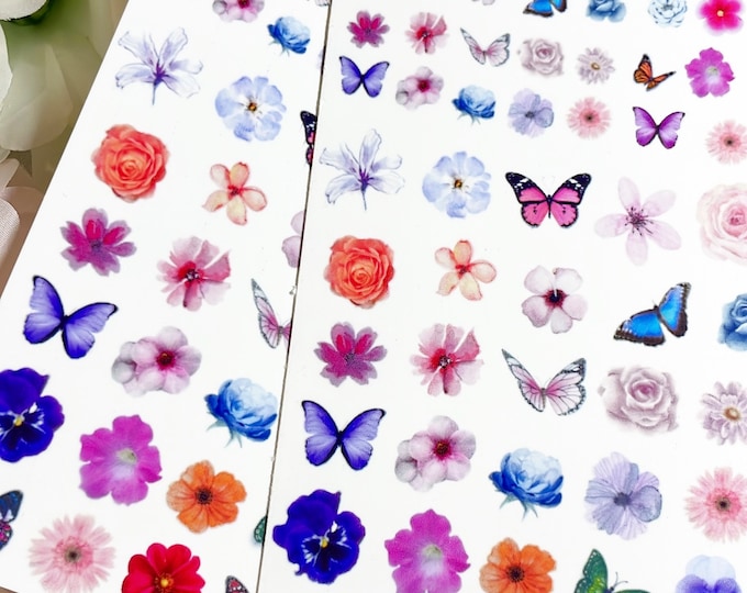 Colourful butterfly and flower Nail Decals | Medium and Large Waterslide Decal | Nail Stickers | Transparent Decal | DIY | Scrapbooking