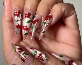 Hand-Painted Floral Press On Nails: Cat Eye Chrome Lined Stiletto