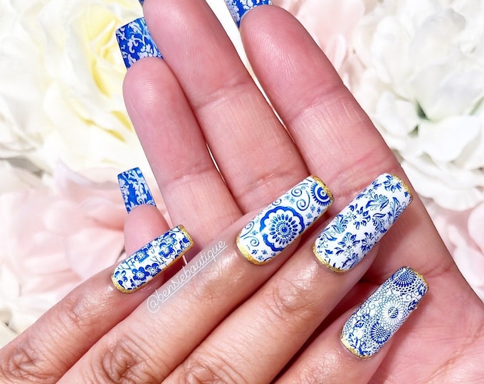 Peek-a-boo Porcelain | Gold Outlined White and Blue ceramic inspired press on nails | Vintage Nails | Chinese Nails | Asian nails