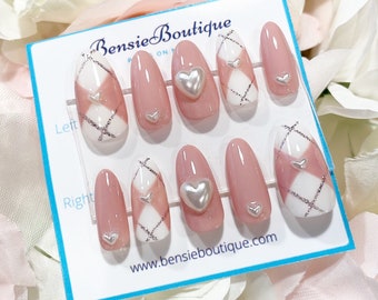Pink Plaid and Pearl Press on nails | Pearl hearts | custom initials nails | press on nails Canada USA