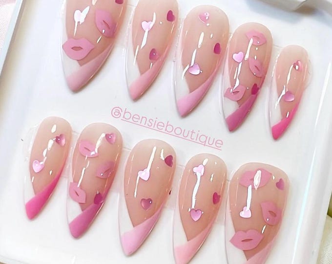 Hearts + Kisses | Handmade Pink Gradient V-Tip French Tip Manicure | kisses | hearts | press on nails | Valentine's Nails
