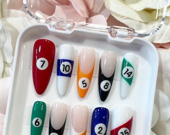 Handmade Billiards Ball Press On Nails: Retro Eight Ball Design