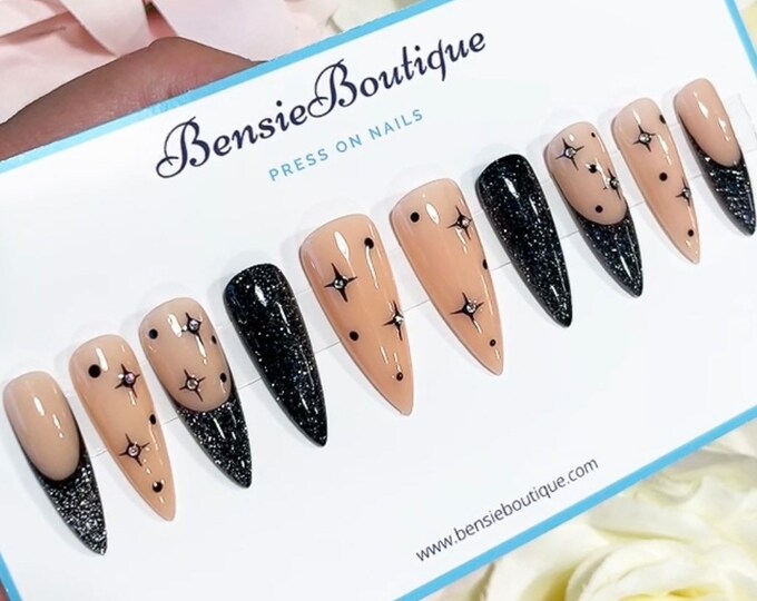 Starry Nite | Reflective Glitter | Black French | Rhinestones | Holiday | press on nails Canada USA