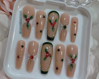 Mistletoe Bling Press On Nails: 3D Nails,  Bejeweled Nails, Holly Berry, Double French, Winter Nails
