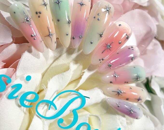 Colourful Aura | Handmade Press on Nails | Hand-painted Luxury Nails | Star Nails | Pastel Neon | Summer Nails | Short Nails | Long Nails