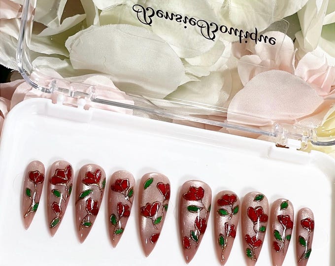 Fresh Blooms | Hand-painted Cat Eye x Chrome-lined Flowers Press on Nails | Sparkly Nails | Glitter Nails | Elegant nails