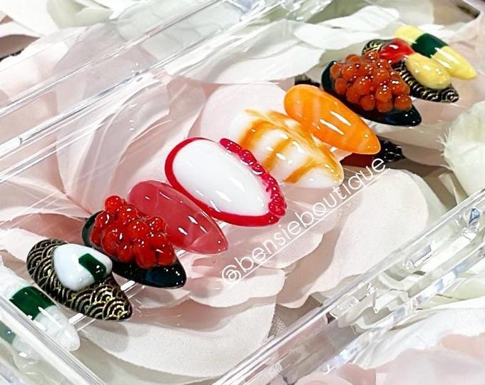 Sushi Nails! | Handmade Luxury Press on Nails | Food Nails | Japan | Sashimi | Tempura | 3D hand-sculpted | short nails | long nails