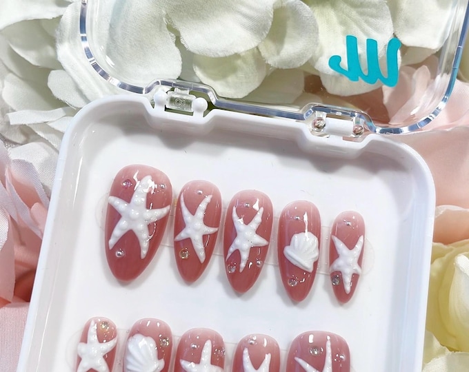 Stella | Hand-painted White Starfish and Seashell Press on nails | Starfish | Sheer Nude press on nails  | short and long nails