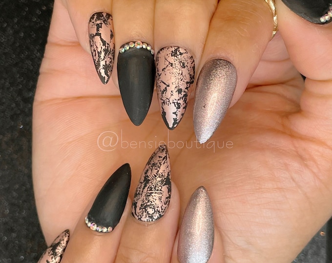 Hand painted Matte Black + Rose Gold press on nails with rhinestones and foil | extra short to 3XL press on nails