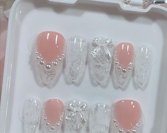Laced In Pearls | Dainty Pearl French Press on Nails | Lace Nails | Classic Nails | Ready to Ship (RTS)
