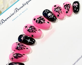 Black and Pink Grunge press on nails | punk nails | Emo nails | Goth nails | extra short to 3XL nails