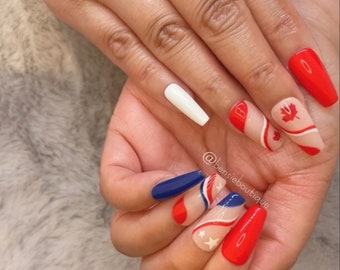 Neighbours | USA and Canada Flag Nails | Red White Blue Nails | press on nails | Holiday Nails