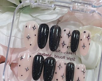 Starry Night | Sparkly Black and Starburst Press on Nails | Round Nails | Ready to Ship (RTS)