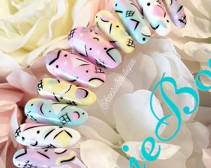 Pastel Retro Vibes press on nails | 90s nail art | Funky Nails | Pink Nails | geometric patterns | extra short to 3XL nails