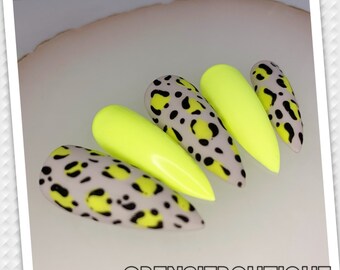 Neon Yellow Leopard Press on nails | Grey nails | customizable colours | press on nails Canada USA