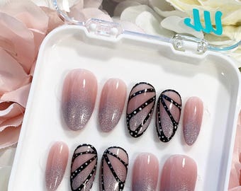 Wings | Hand painted butterfly and glitter press on nails | Cat eye Velvet nails |  Nail Art | Celestial Summer | Ombre Nails