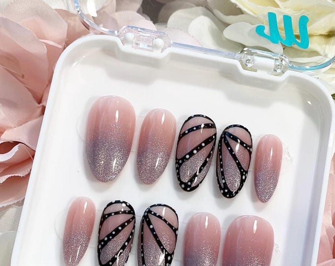 Wings | Hand painted butterfly and glitter press on nails | Cat eye Velvet nails |  Nail Art | Celestial Summer | Ombre Nails