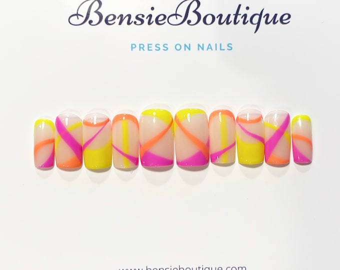 Abstract Neon | Neon Nails | Lines and French | Customizable Base Colour | Press on Nails
