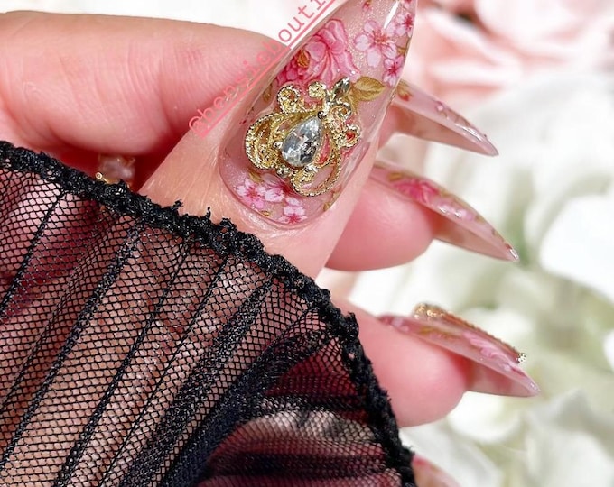 Silky Pink Cat Eye and Floral Press on Nails with 3D charms | Decoupage Flower Nails | 3D nails | extra short to 3XL press on nails