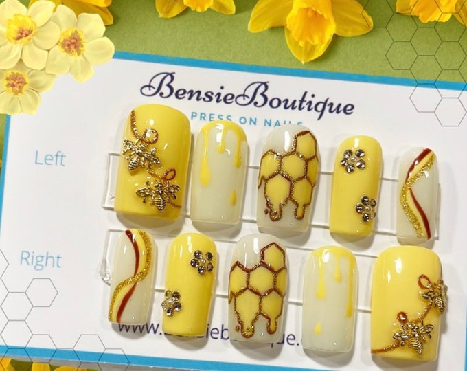 Sweet as Honey | Honeybee Press on Nails | Honeycomb Nails | Honey Nails | Yellow Nails | Flower Rhinestone Nails | press on nails