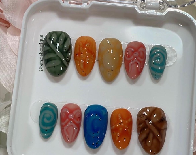 Hand Painted Ceramic Press On Nails: Nature | Pottery | Kiln | Earthy | Colourful 3D Nails