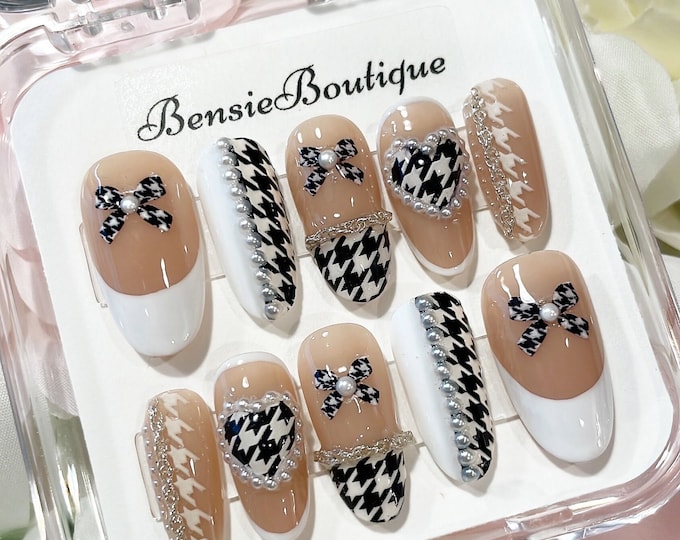 Houndstooth Soft Girl x Edgy Press on Nails | French Tip nails | Chain Nails Bow Tie Nails | Pearl nails | extra short to 3XL press on nails