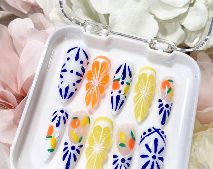 Juiciest Mix and Match Fruit and Tile French Tip Press on Nails | Vacation nails | Mash up Nails | Mismatch nails | press on nails