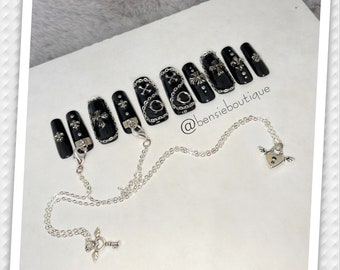 Gothic Black Press On Nails: Metal Chains, 3D Nail Art