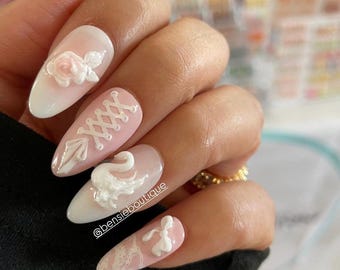 Swan Coquette| Handmade Luxury Press on Nails | Floral Nails | Blush | Pink | Bow and lace | dainty | cute nails | short nails | long nails