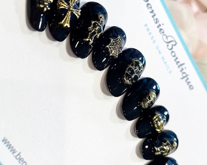 Handmade Black Press on Nails with 3D spooky charms | Halloween Nails | Gothic Nails | Extra Short to 3XL Press on Nails
