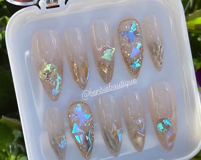 Ice Stone Bling | Neutral Bling | Aurora Glass Crystal French Tips | French Nails | Pixie Crystal Nails | Winter Summer press on nails