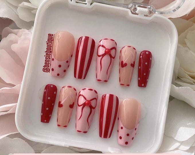 Red + Pink Press on Nails | Polka Dot Nails | Pin stripe Nails | Cute Nails | Girlie Nails | Cherry Hearts | Ready to Ship (RTS)