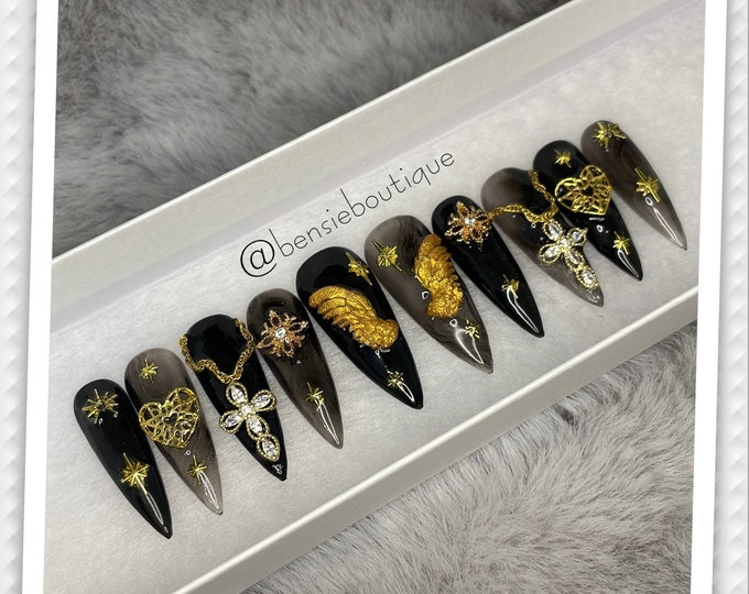 FAITH | Angel Wings | Angel Nails | 3D Nails | Gold and Black | Cross Nails | Necklace Nails | Rosary Nail Enhancements | press on nails